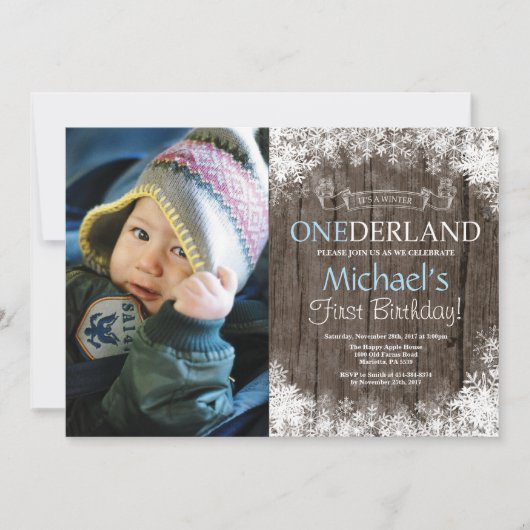 Winter Onederland Rustikaler Junge 1. Geburtstag F Einladung (Vorderseite)