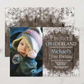 Winter Onederland Rustikaler Junge 1. Geburtstag F Einladung (Vorne/Hinten)