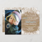 Winter Onederland Rustikaler Junge 1. Geburtstag F Einladung (Vorne/Hinten)