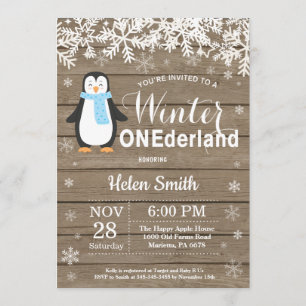 Winter Onederland Rustikaler Penguin Boy 1. Geburt Einladung