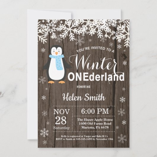 Winter Onederland Rustikaler Pinguin Boy 1. Geburt Einladung (Vorderseite)