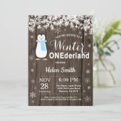 Winter Onederland Rustikaler Pinguin Boy 1. Geburt Einladung (Stehend Vorderseite)