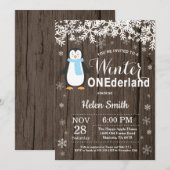 Winter Onederland Rustikaler Pinguin Boy 1. Geburt Einladung (Vorne/Hinten)