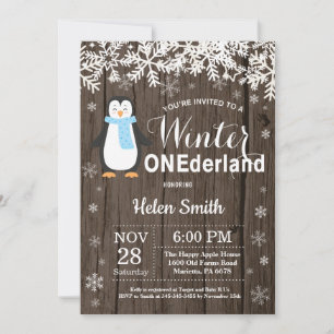 Winter Onederland Rustikaler Pinguin Junge 1. Gebu Einladung