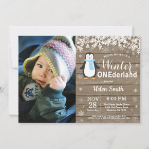 Winter Onederland Rustikaler Pinguin Junge 1. Gebu Einladung