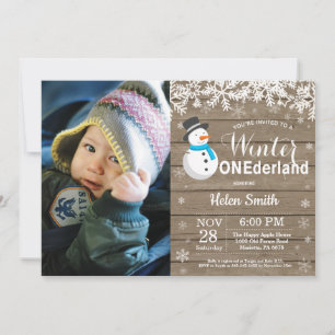 Winter Onederland Rustikaler Schneemann Junge 1. G Einladung