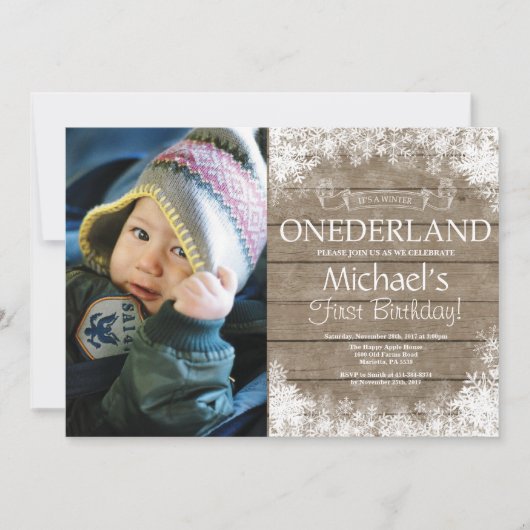 Winter Onederland Rustikales 1. Geburtstag Foto Einladung (Vorderseite)