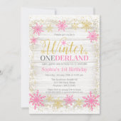 Winter ONEderland Schnee Rosa Gold 1. Geburtstag Einladung (Vorderseite)