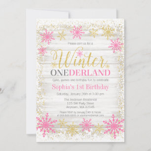 Winter ONEderland Schnee Rosa Gold 1. Geburtstag Einladung