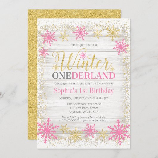 Winter ONEderland Schnee Rosa Gold 1. Geburtstag Einladung (Vorne/Hinten)