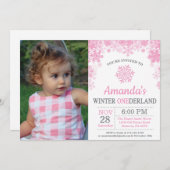 Winter Onederland Schneeflocke-Rosa-Mädchen-1. Einladung (Vorne/Hinten)