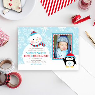Winter ONEderland Schneemann Pinguin Foto Einladung