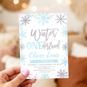 Winter ONEderland Silber Blau 1. Geburtstag Einladung
