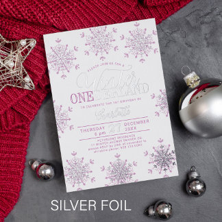 Winter Onederland silber rosa Mädchen erster Gebur Folieneinladung
