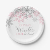 Winter Onederland Silber und Rosa Schneeflocke Pappteller (Vorderseite)