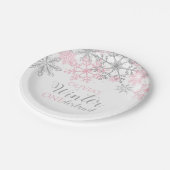 Winter Onederland Silber und Rosa Schneeflocke Pappteller (Schrägansicht)