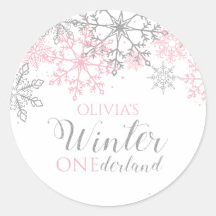 Winter Onederland Silber und Rosa Schneeflocke Runder Aufkleber