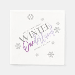 Winter ONEderland silberner Glitzer lila 1. Bday Serviette
