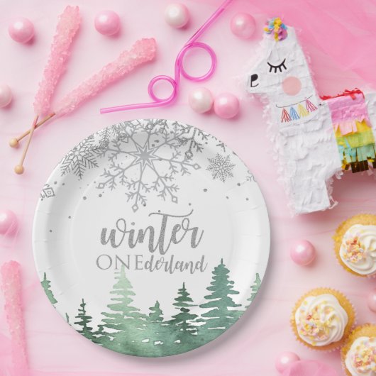 Winter Onederland Silberschneeflocken und Bäume Pappteller (Party)
