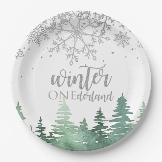 Winter Onederland Silberschneeflocken und Bäume Pappteller (Vorderseite)