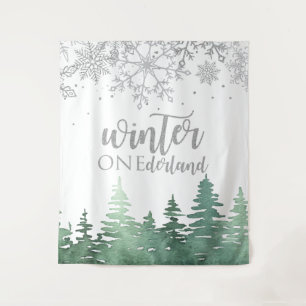 Winter Onederland Silberschneeflocken und Bäume Wandteppich