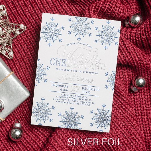 Winter Onederland silver blue boy first birthday Folieneinladung