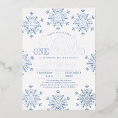 Winter Onederland silver blue boy first birthday Folieneinladung (Vorderseite)