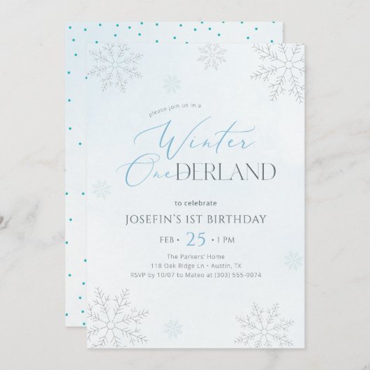 Winter Onederland Silver Blue Glitter 1st Birthday Einladung (Vorne/Hinten)