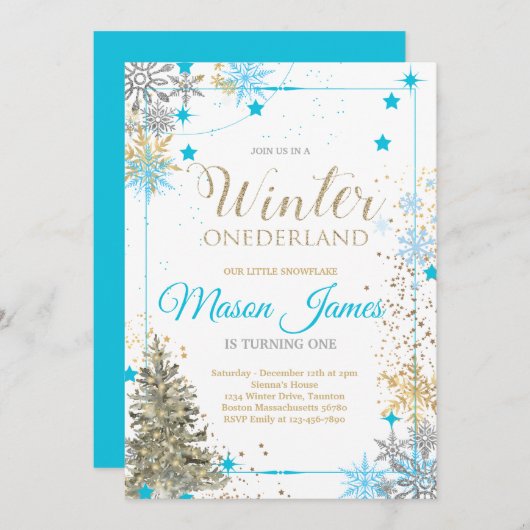 WINTER ONEderland Silver Blue & Gold 1. Geburtstag Einladung (Vorne/Hinten)