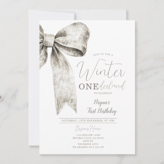 Winter Onederland Silver Bow Krawatte 1. Geburtsta Einladung (Vorderseite)