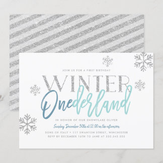 Winter ONEderland Silver Glitzer Blau 1. Geburtsta Einladung