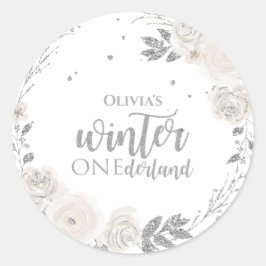 Winter Onederland Silver Glitzer Floral Runder Aufkleber