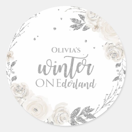 Winter Onederland Silver Glitzer Floral Runder Aufkleber (Vorderseite)