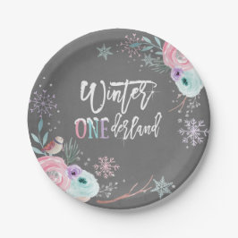 Winter ONEderland Silver Glitzer Pink Floral Girl Pappteller