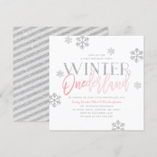 Winter ONEderland Silver Glitzer Rosa 1. Geburtsta Einladung