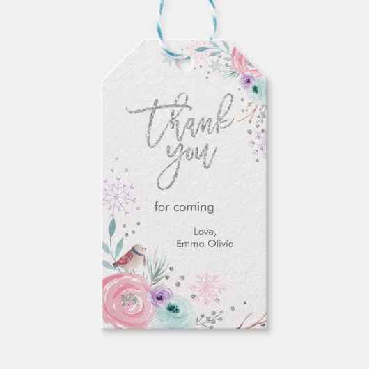 Winter ONEderland Silver Glitzer Rosa Blumengesche Geschenkanhänger (Vorderseite)