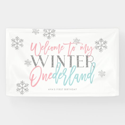 Winter ONEderland Silver Glitzer Rosa Willkommensz Banner (Horizontal)