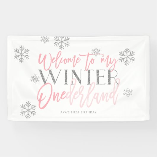 Winter ONEderland Silver Glitzer Rosa Willkommensz Banner (Horizontal)