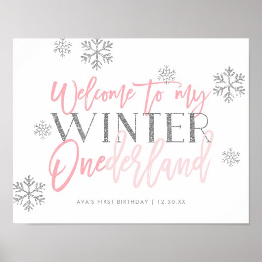 Winter ONEderland Silver Glitzer Rosa Willkommensz Poster (Vorne)