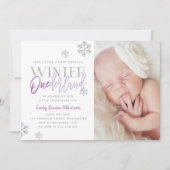 Winter ONEderland Silver Lila 1. Geburtstag Foto Einladung (Vorderseite)