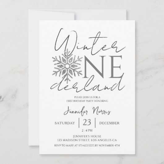 Winter ONEderland | Silver Minimalistisch 1. Gebur Einladung (Vorderseite)