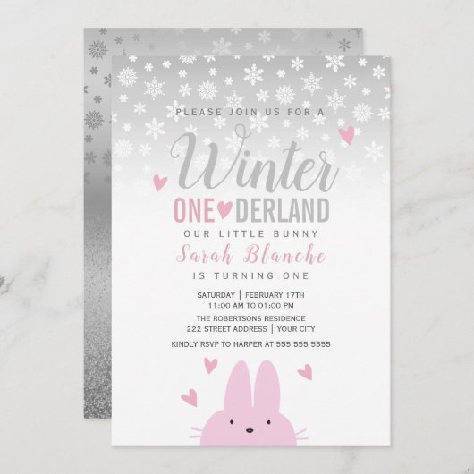 Winter Onederland Silver Pink 1. Geburtstag Einladung (Vorne/Hinten)