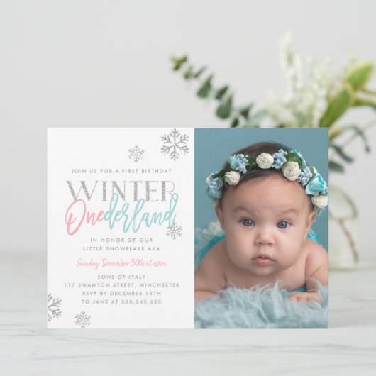 Winter ONEderland Silver Pink Blau 1. Foto Einladung (Stehend Vorderseite)