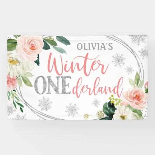 Winter ONEderland Silver Pink Floral Geburtstag Banner (Horizontal)
