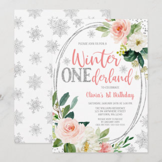 Winter ONEderland Silver Pink Floral Geburtstag Einladung