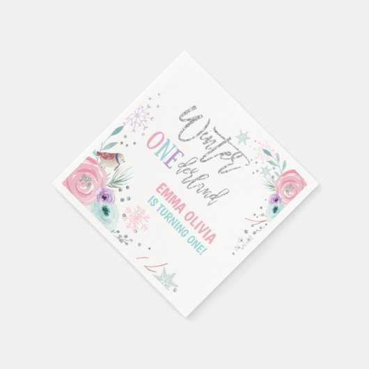 Winter ONEderland Silver Pink Floral Snowflake Serviette (Ecke)