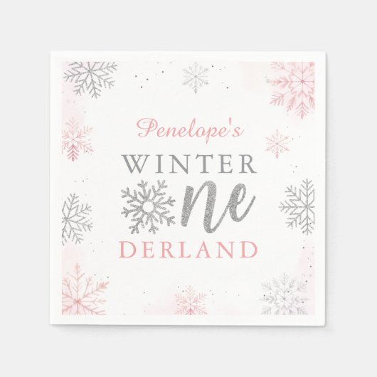 Winter Onederland Silver Pink Girl 1. Geburtstag Serviette (Vorderseite)