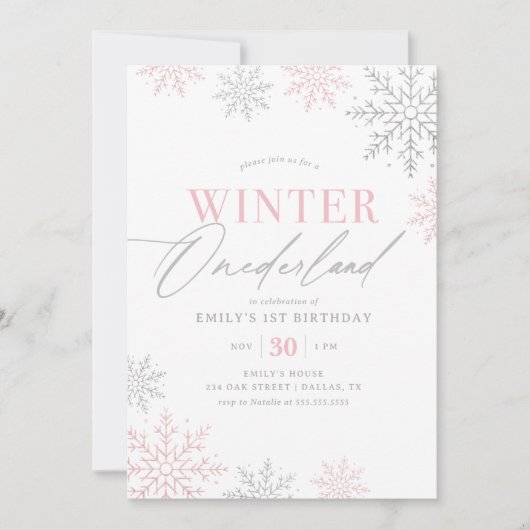Winter Onederland Silver Pink Glitzer 1. Geburtsta Einladung (Vorderseite)