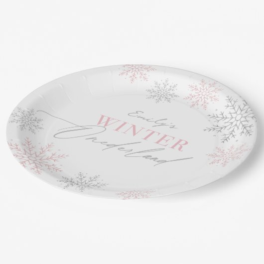 Winter Onederland Silver Pink Glitzer 1. Geburtsta Pappteller (Schrägansicht)