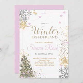 WINTER ONEderland Silver Pink & Gold 1. Geburtstag Einladung